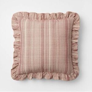 Threshold Studio McGee 24"x24" Uneven Plaid Ruffle Pillow Burgundy/Cream NEW
